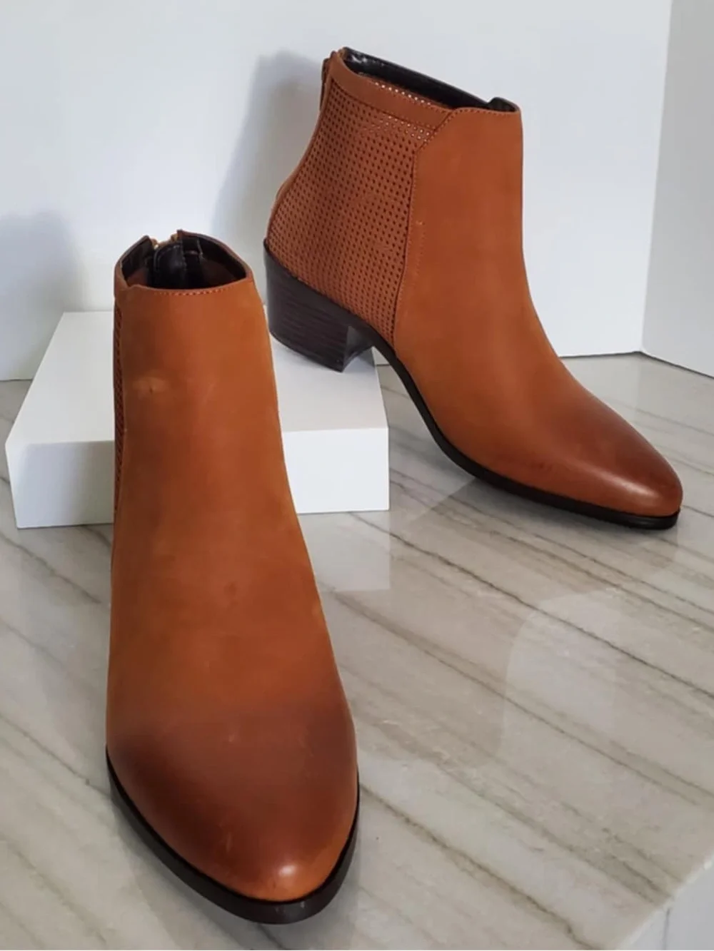 David Tate Kaci Womens Brown Leather Ankle Boots Stacked Heel